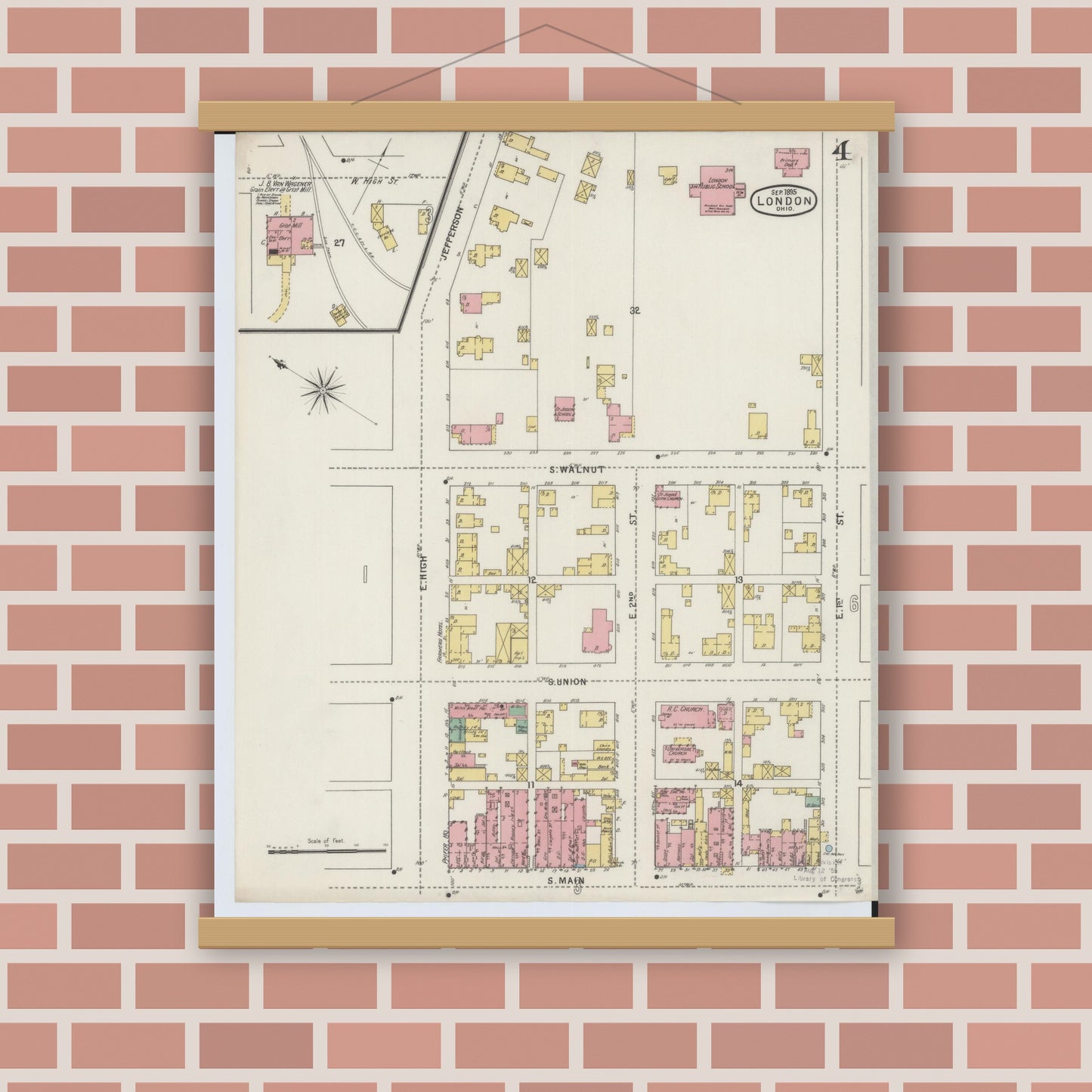 Old map wall art mockup — magnetic wood frame on brick wall — Sanborn Fire Insurance Map from London, Madison County, Ohio (1895), Sheet #0004