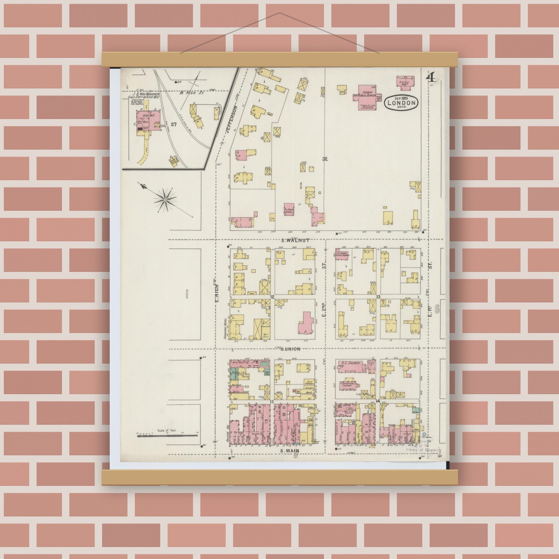 Old map wall art mockup — magnetic wood frame on brick wall — Sanborn Fire Insurance Map from London, Madison County, Ohio (1895), Sheet #0004