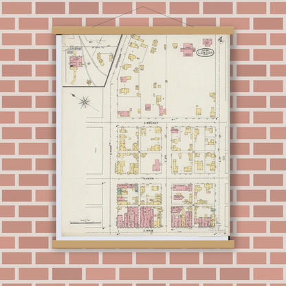 Old map wall art mockup — magnetic wood frame on brick wall — Sanborn Fire Insurance Map from London, Madison County, Ohio (1895), Sheet #0004