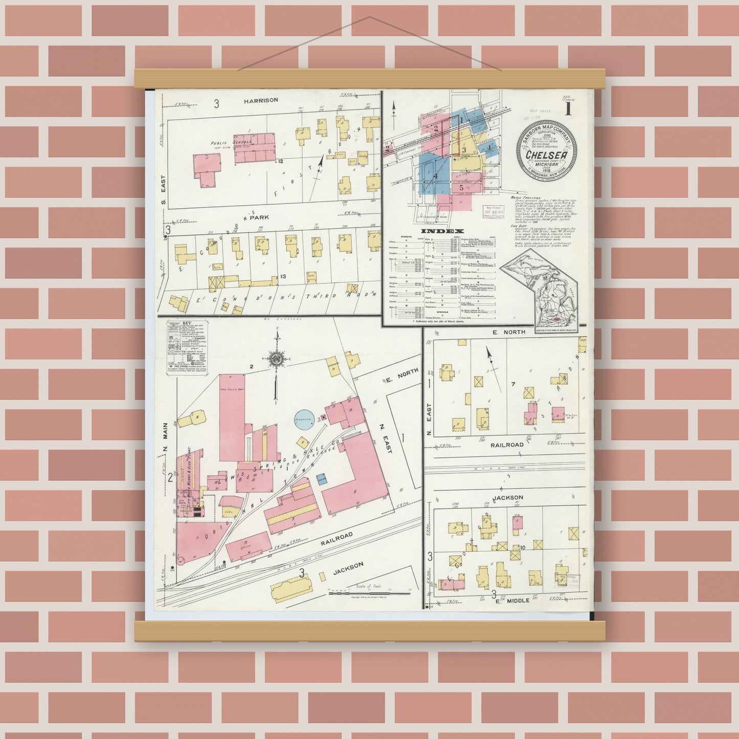 Old map wall art mockup — magnetic wood frame on brick wall — Sanborn Fire Insurance Map from Chelsea, Washtenaw County, Michigan (1918) - Complete Map Set