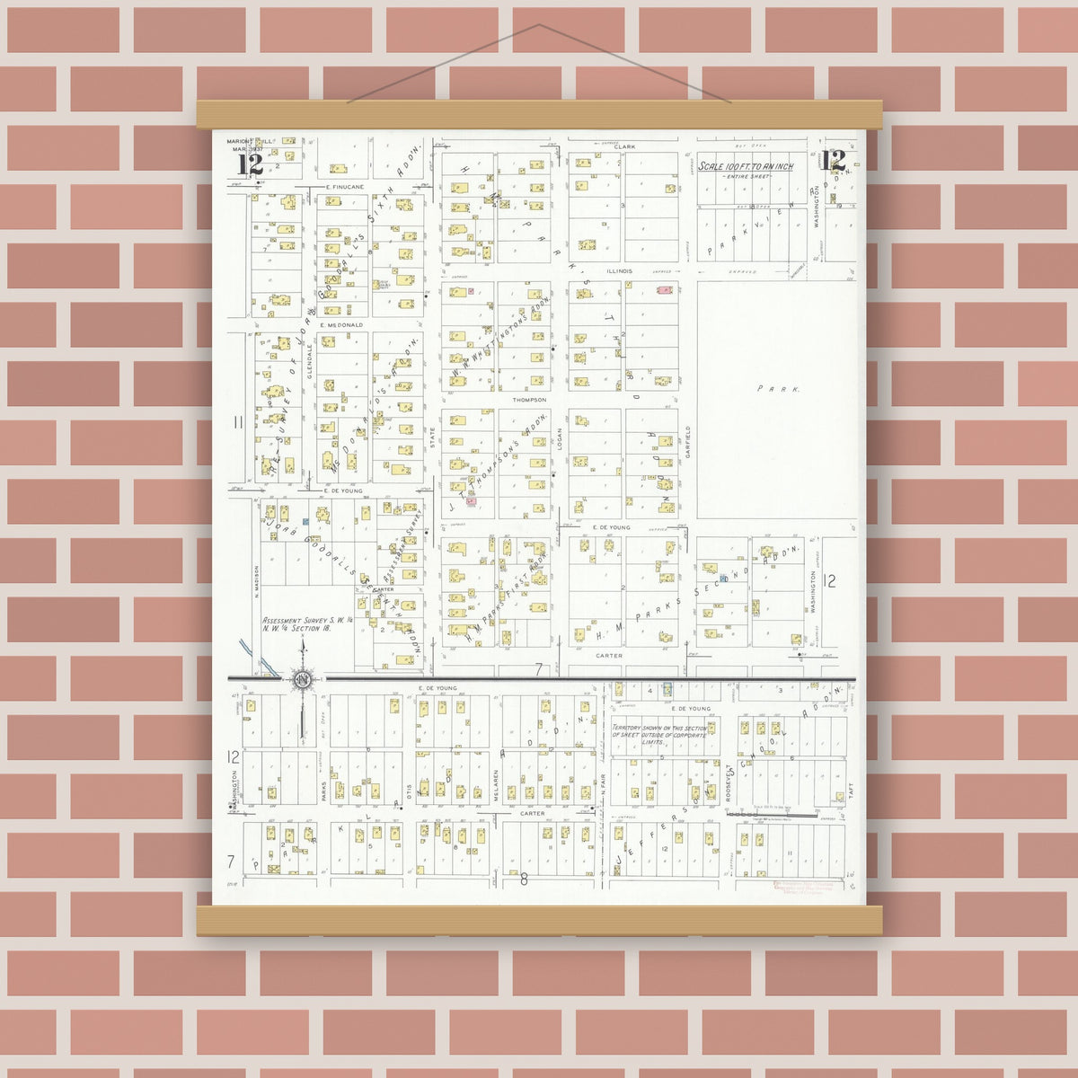 Old map wall art mockup — magnetic wood frame on brick wall — Sanborn Fire Insurance Map from Marion, Williamson County, Illinois (1937), Sheet #0012