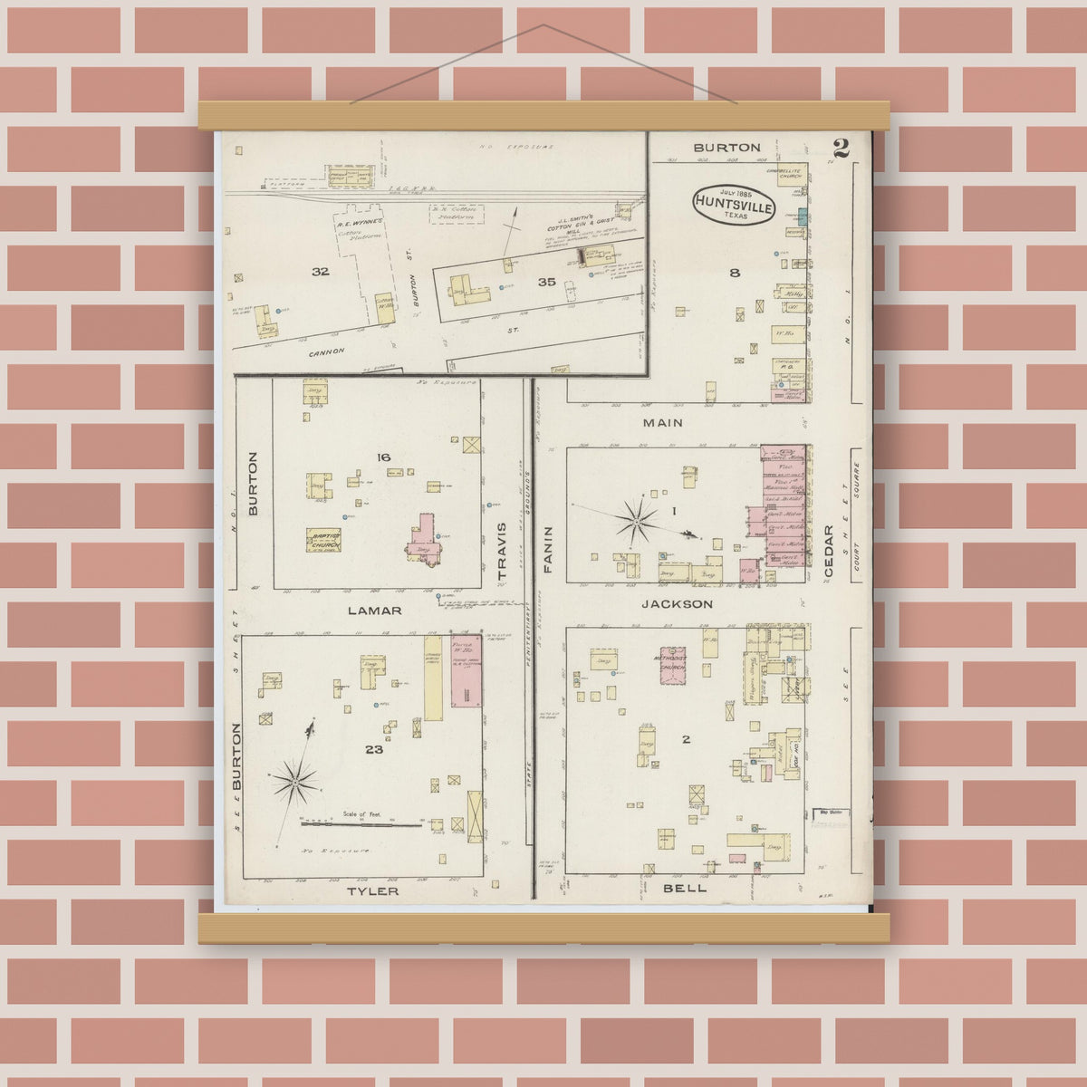 Old map wall art mockup — magnetic wood frame on brick wall — Sanborn Fire Insurance Map from Huntsville, Walker County, Texas (1885), Sheet #0002