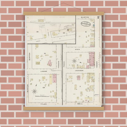 Old map wall art mockup — magnetic wood frame on brick wall — Sanborn Fire Insurance Map from Huntsville, Walker County, Texas (1885), Sheet #0002