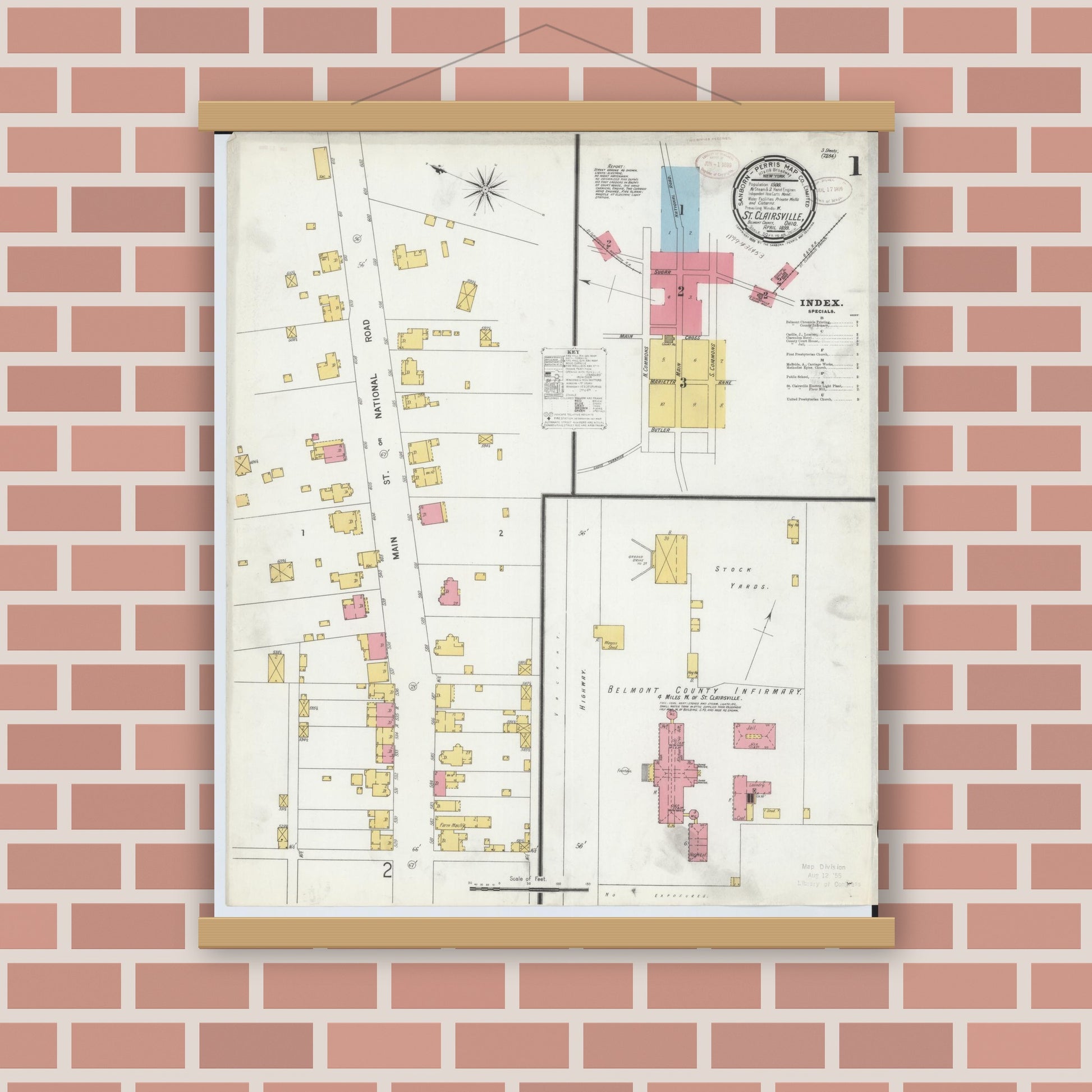 Old map wall art mockup — magnetic wood frame on brick wall — Sanborn Fire Insurance Map from Saint Clairsville, Belmont County, Ohio (1899) - Complete Map Set