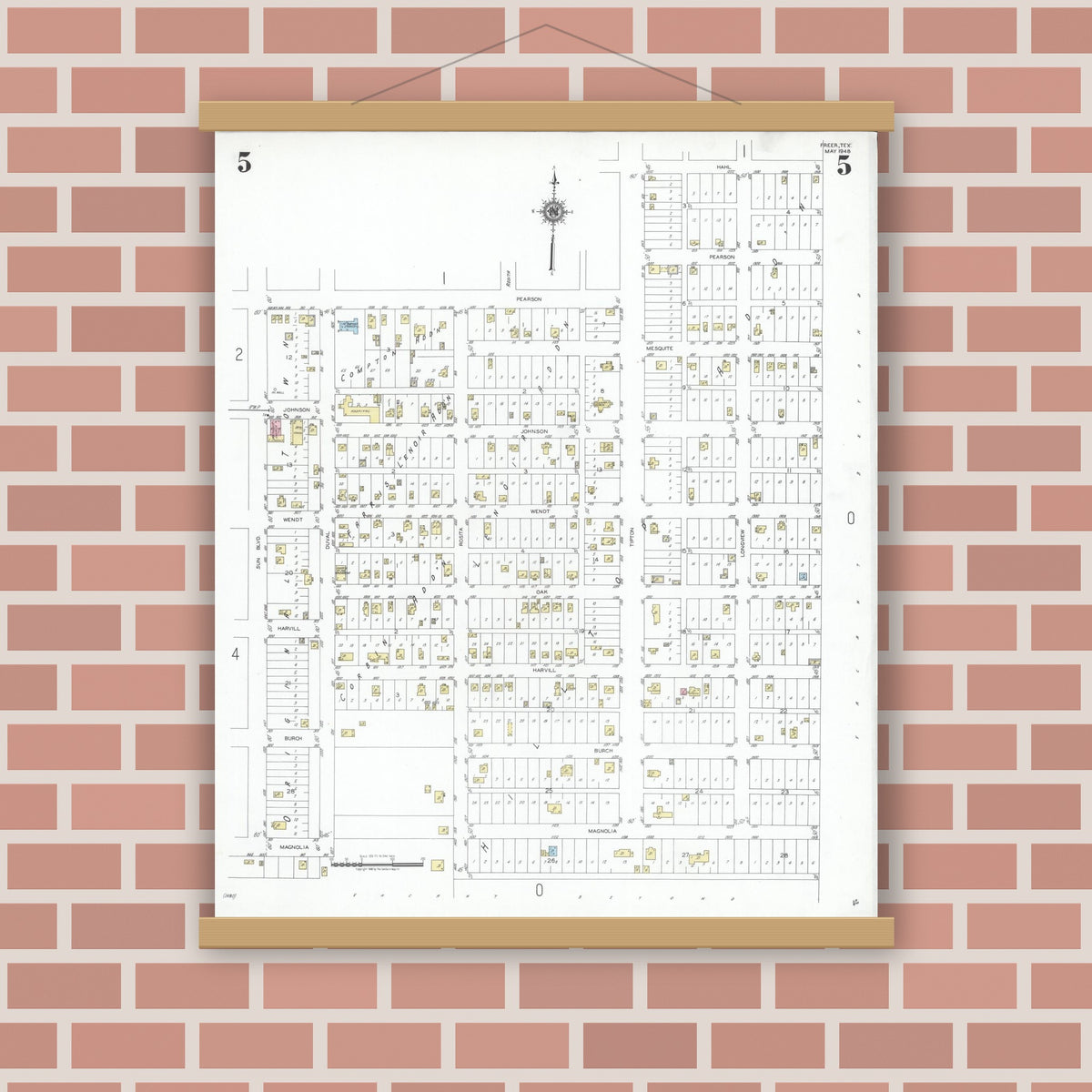 Old map wall art mockup — magnetic wood frame on brick wall — Sanborn Fire Insurance Map from Freer, Duval County, Texas (1948), Sheet #0005