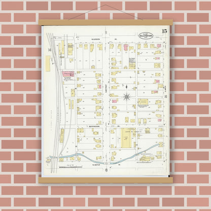 Old map wall art mockup — magnetic wood frame on brick wall — Sanborn Fire Insurance Map from Bellefontaine, Logan County, Ohio (1907), Sheet #0015
