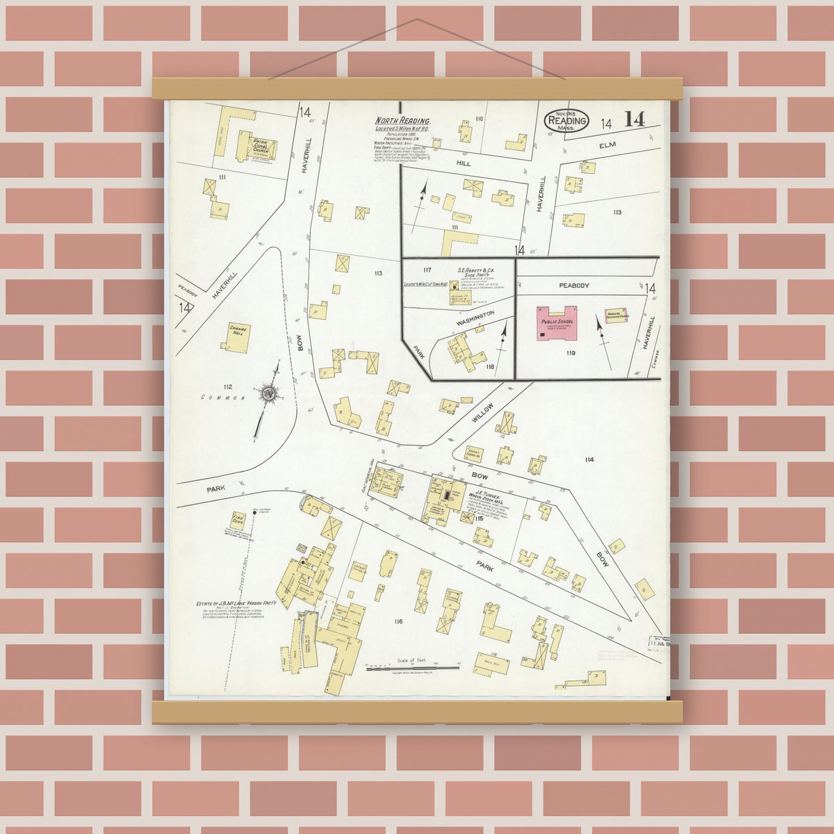 Old map wall art mockup — magnetic wood frame on brick wall — Sanborn Fire Insurance Map from Reading, Middlesex County, Massachusetts (1918), Sheet #0014