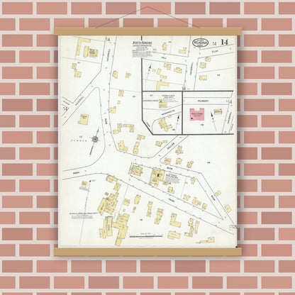 Old map wall art mockup — magnetic wood frame on brick wall — Sanborn Fire Insurance Map from Reading, Middlesex County, Massachusetts (1918), Sheet #0014