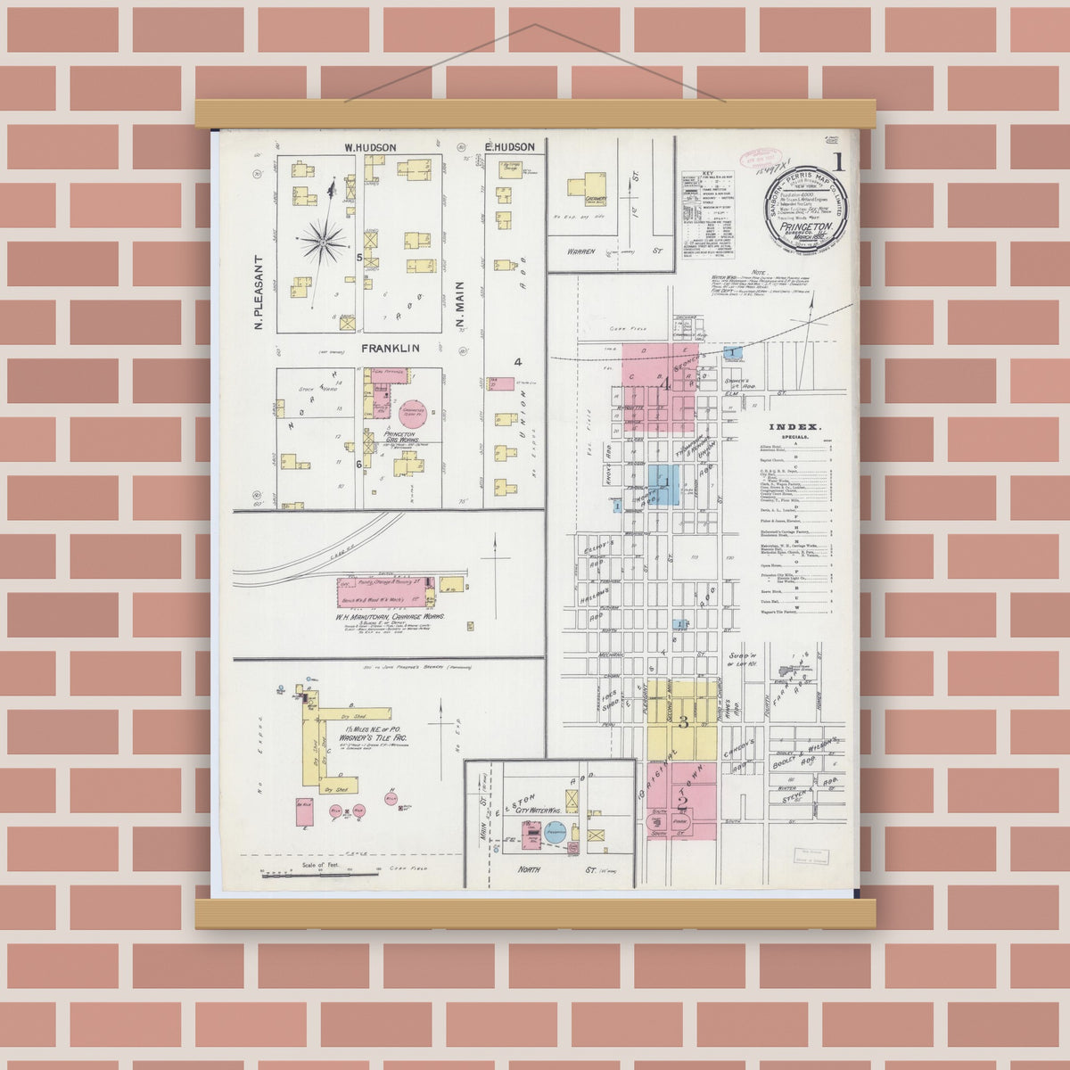 Old map wall art mockup — magnetic wood frame on brick wall — Sanborn Fire Insurance Map from Princeton, Bureau County, Illinois (1892) - Complete Map Set