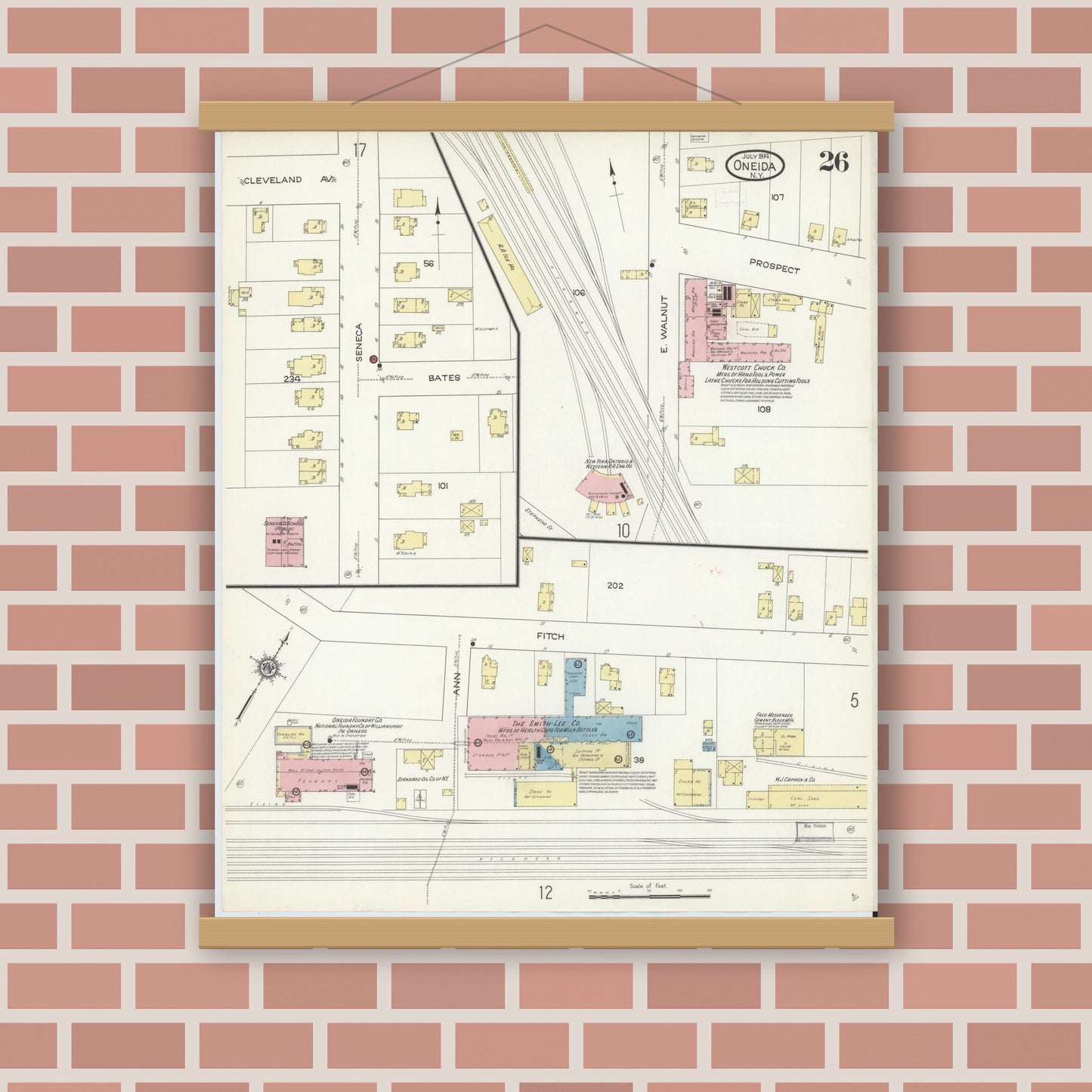 Old map wall art mockup — magnetic wood frame on brick wall — Sanborn Fire Insurance Map from Oneida, Madison County, New York (1914), Sheet #0026