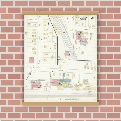 Old map wall art mockup — magnetic wood frame on brick wall — Sanborn Fire Insurance Map from Oneida, Madison County, New York (1914), Sheet #0026