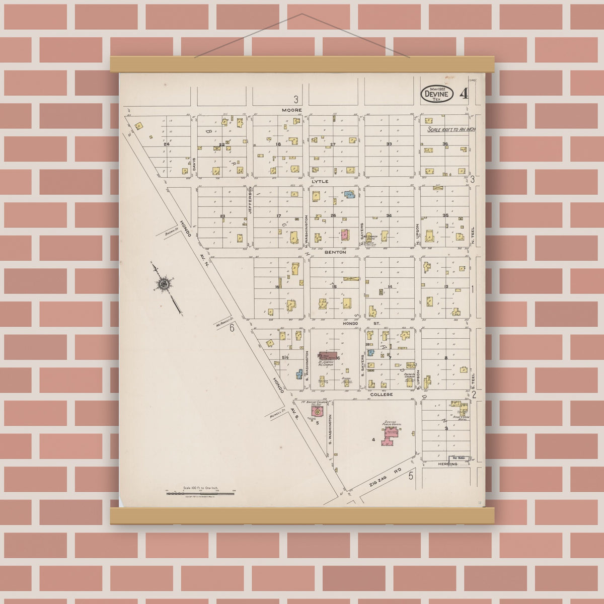 Old map wall art mockup — magnetic wood frame on brick wall — Sanborn Fire Insurance Map from Devine, Medina County, Texas (1922), Sheet #0004