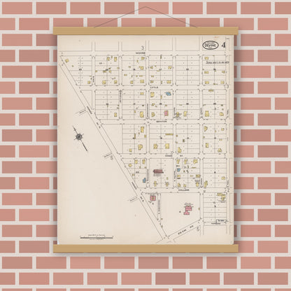 Old map wall art mockup — magnetic wood frame on brick wall — Sanborn Fire Insurance Map from Devine, Medina County, Texas (1922), Sheet #0004