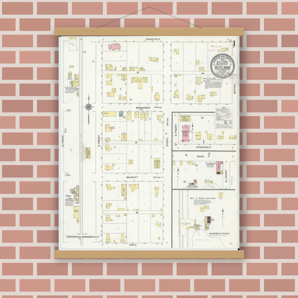 Old map wall art mockup — magnetic wood frame on brick wall — Sanborn Fire Insurance Map from Rutland, La Salle County, Illinois (1910) - Complete Map Set