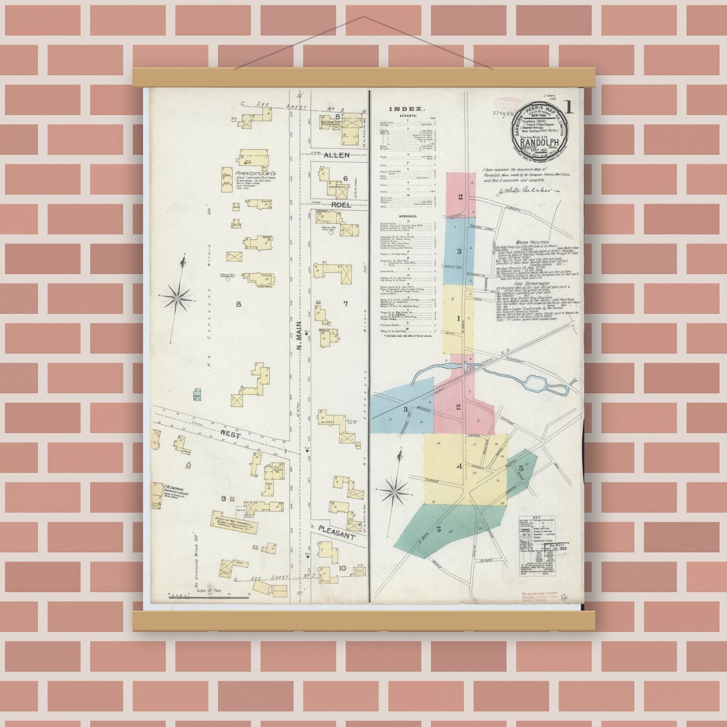 Old map wall art mockup — magnetic wood frame on brick wall — Sanborn Fire Insurance Map from Randolph, Norfolk County, Massachusetts (1892), Sheet #0001