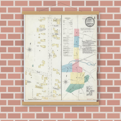 Old map wall art mockup — magnetic wood frame on brick wall — Sanborn Fire Insurance Map from Randolph, Norfolk County, Massachusetts (1892), Sheet #0001