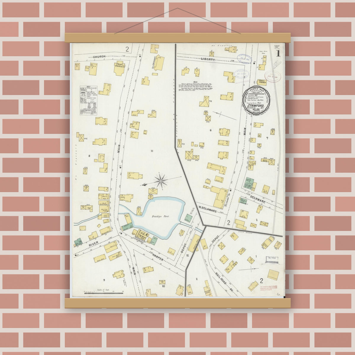 Old map wall art mockup — magnetic wood frame on brick wall — Sanborn Fire Insurance Map from Stamford, Delaware County, New York (1898) - Complete Map Set
