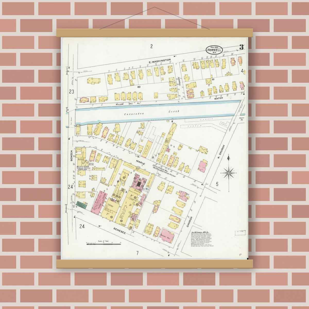 Old map wall art mockup — magnetic wood frame on brick wall — Sanborn Fire Insurance Map from Hornell, Steuben County, New York (1909), Sheet #0003