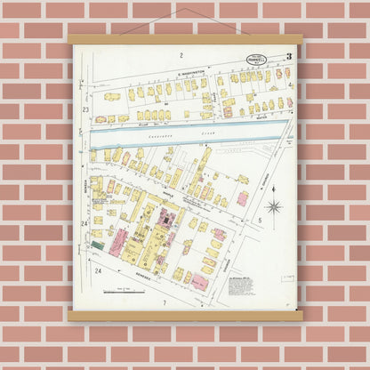 Old map wall art mockup — magnetic wood frame on brick wall — Sanborn Fire Insurance Map from Hornell, Steuben County, New York (1909), Sheet #0003