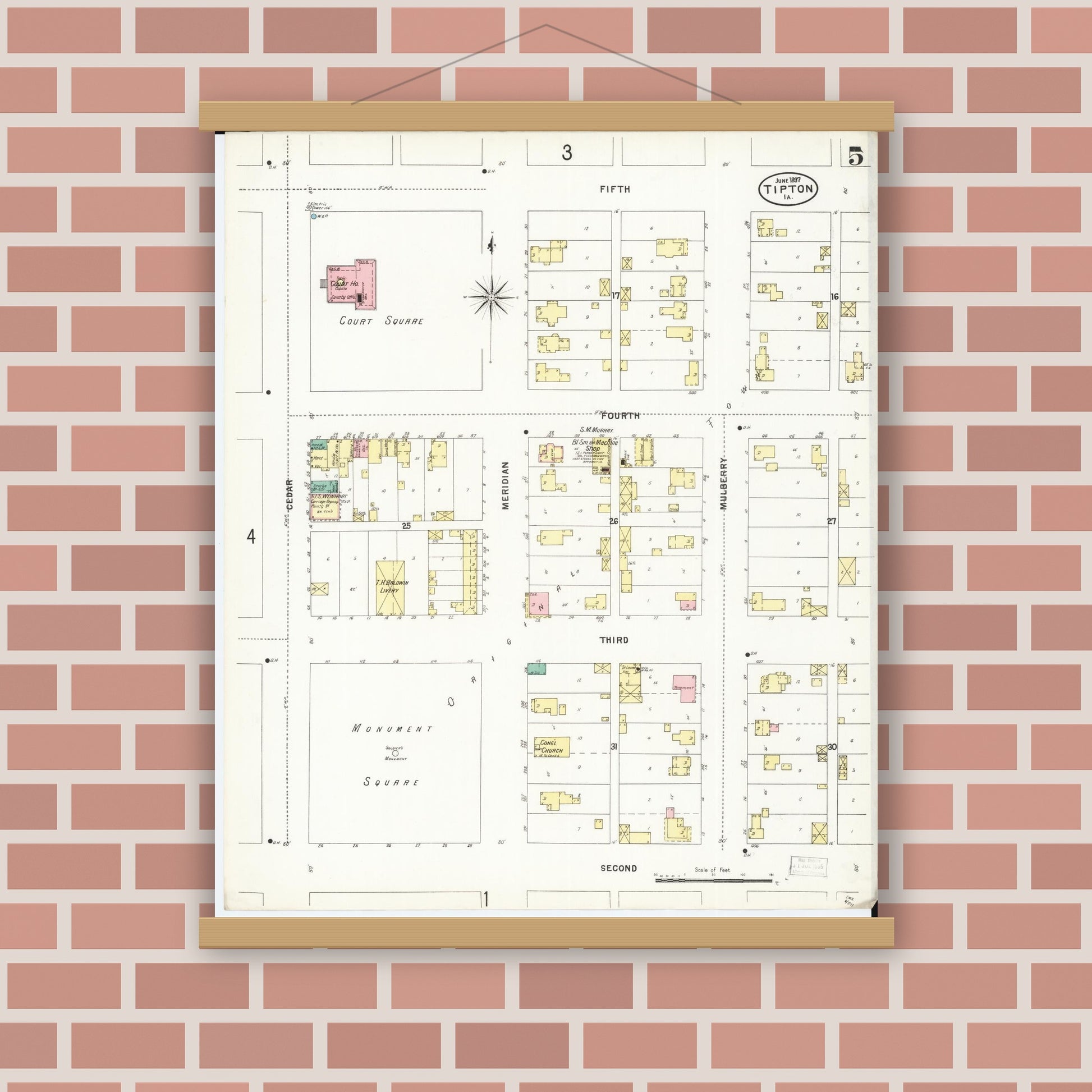 Old map wall art mockup — magnetic wood frame on brick wall — Sanborn Fire Insurance Map from Tipton, Cedar County, Iowa (1897), Sheet #0005