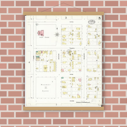 Old map wall art mockup — magnetic wood frame on brick wall — Sanborn Fire Insurance Map from Tipton, Cedar County, Iowa (1897), Sheet #0005