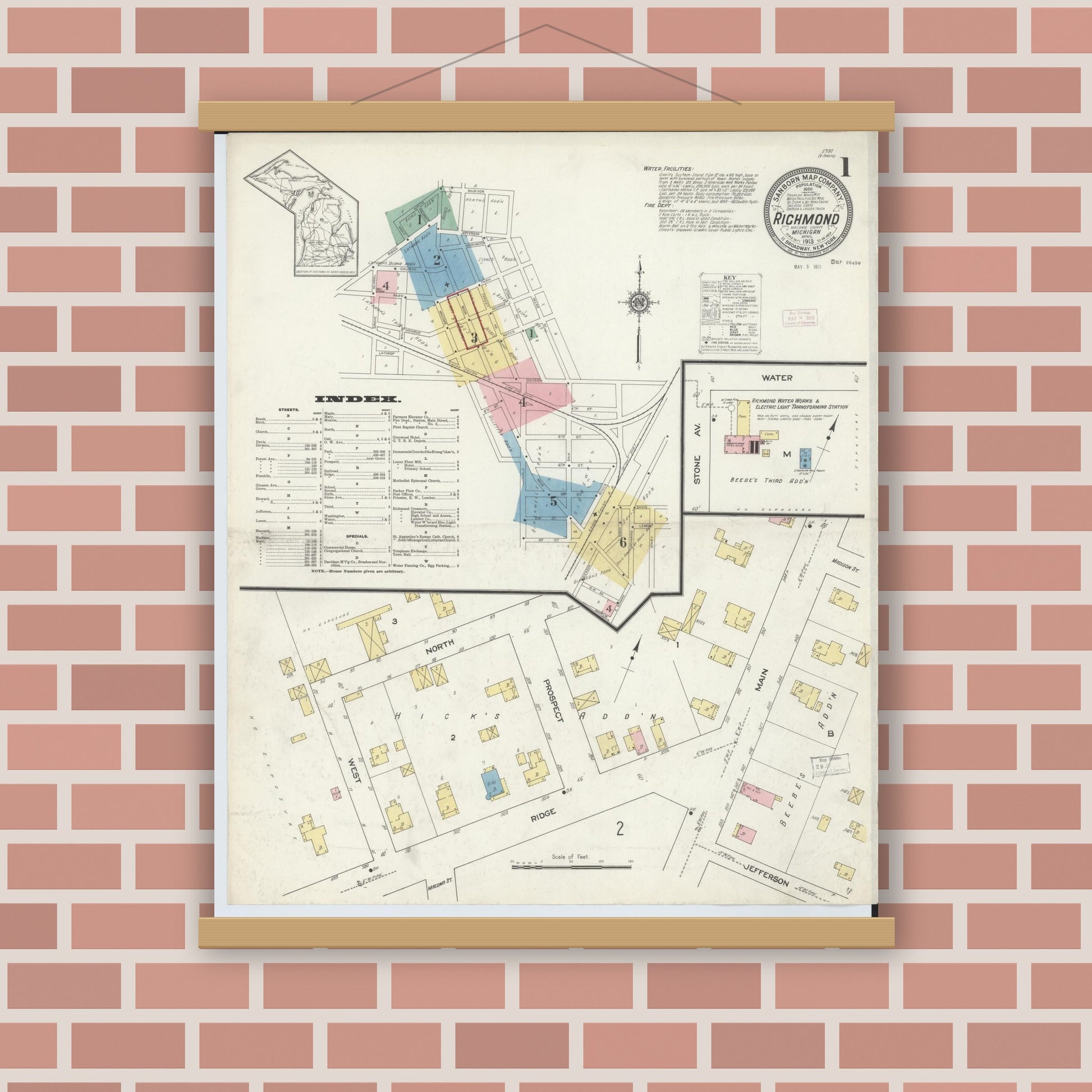 Old map wall art mockup — magnetic wood frame on brick wall — Sanborn Fire Insurance Map from Richmond, Macomb County, Michigan (1913) - Complete Map Set