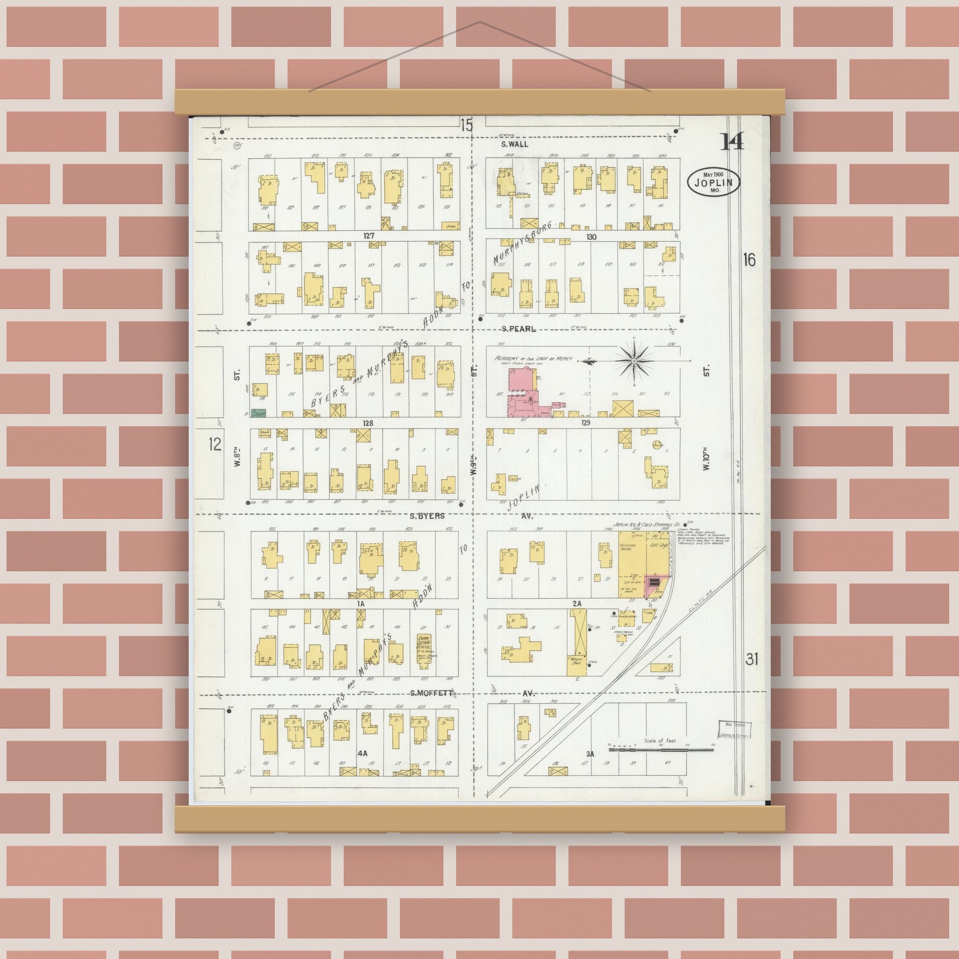Old map wall art mockup — magnetic wood frame on brick wall — Sanborn Fire Insurance Map from Joplin, Jasper County, Missouri (1900), Sheet #0014