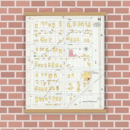 Old map wall art mockup — magnetic wood frame on brick wall — Sanborn Fire Insurance Map from Joplin, Jasper County, Missouri (1900), Sheet #0014