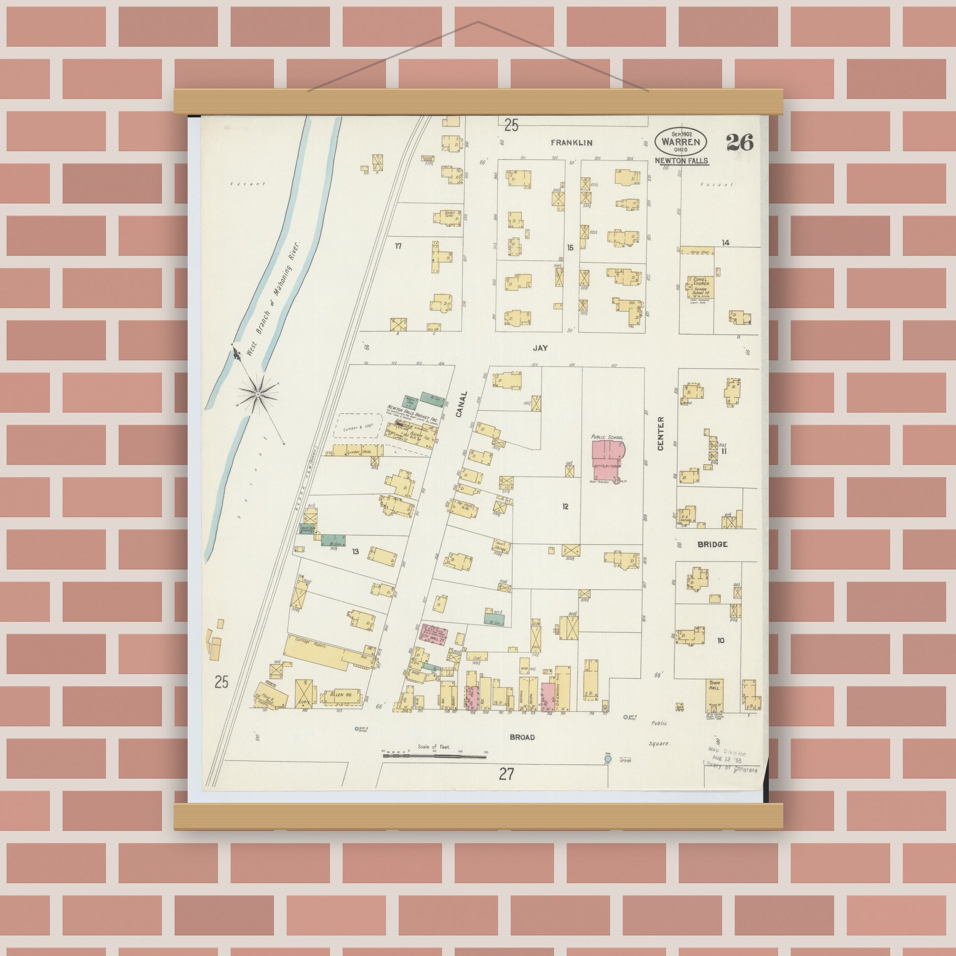 Old map wall art mockup — magnetic wood frame on brick wall — Sanborn Fire Insurance Map from Warren, Trumbull County, Ohio (1902), Sheet #0026
