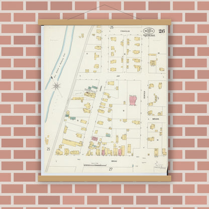 Old map wall art mockup — magnetic wood frame on brick wall — Sanborn Fire Insurance Map from Warren, Trumbull County, Ohio (1902), Sheet #0026