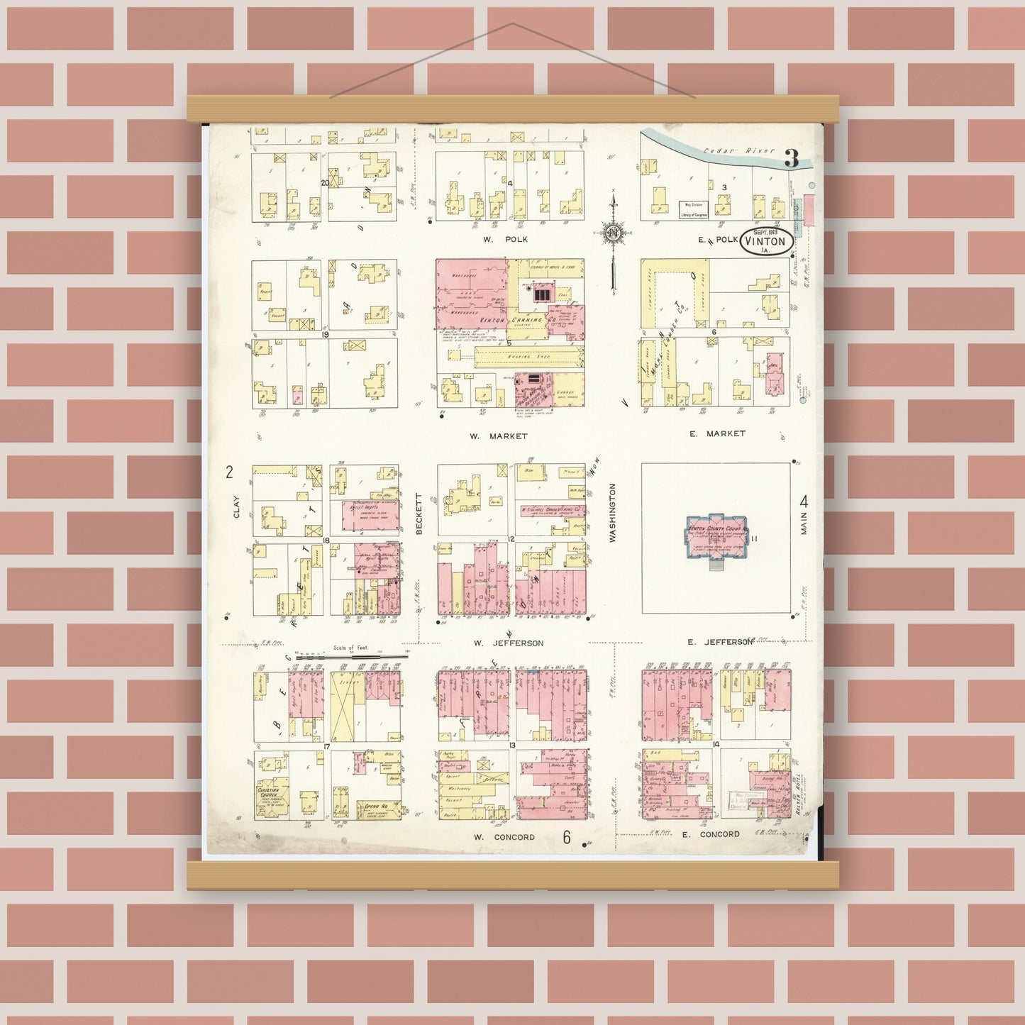 Old map wall art mockup — magnetic wood frame on brick wall — Sanborn Fire Insurance Map from Vinton, Benton County, Iowa (1913), Sheet #0003