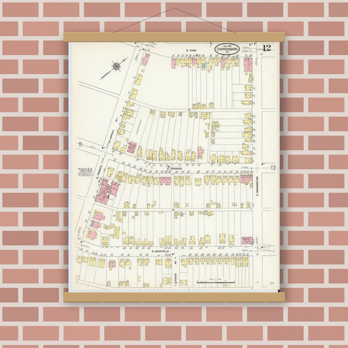 Old map wall art mockup — magnetic wood frame on brick wall — Sanborn Fire Insurance Map from Shippensburg, Cumberland And Franklin Counties, Pennsylvania (1910), Sheet #0012