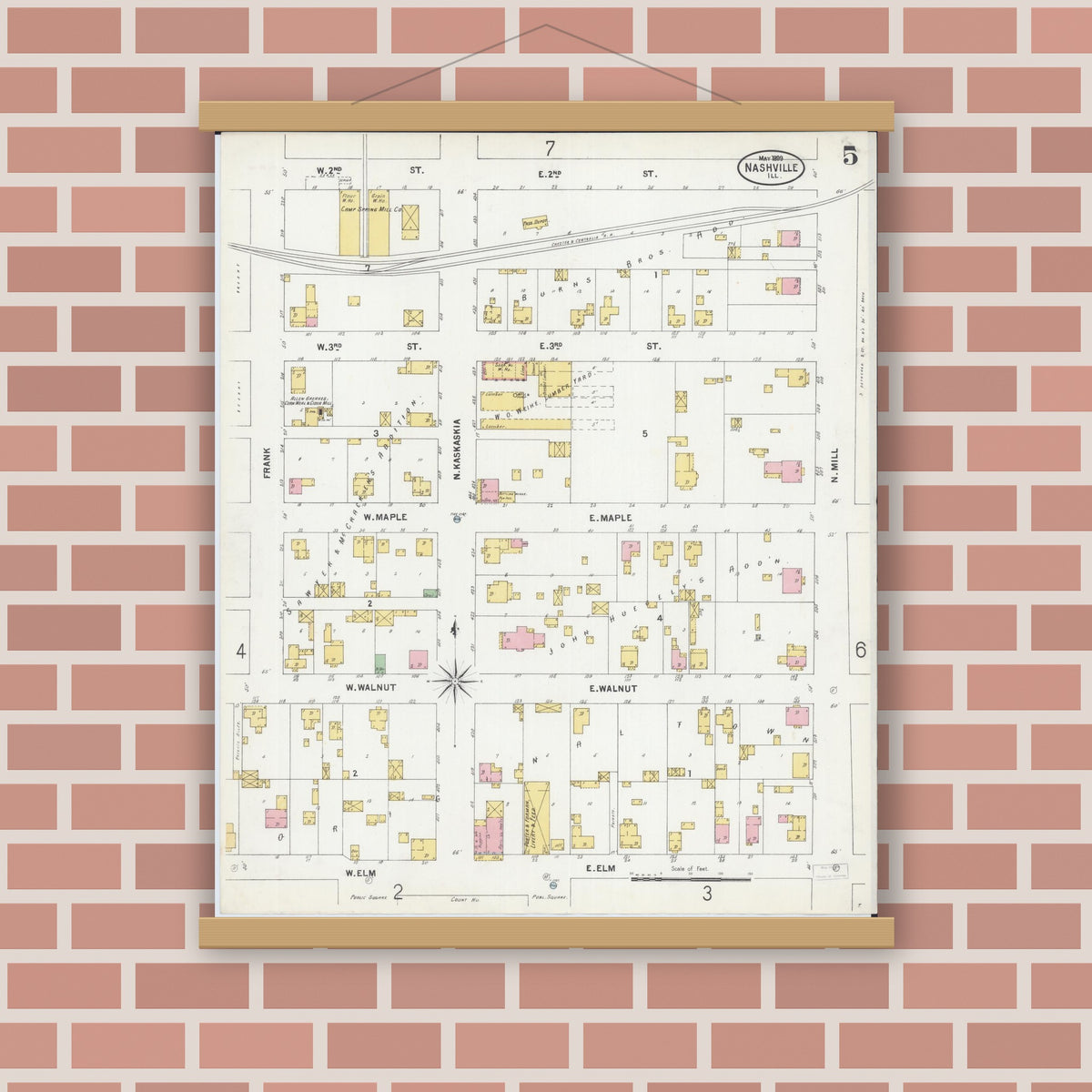Old map wall art mockup — magnetic wood frame on brick wall — Sanborn Fire Insurance Map from Nashville, Washington County, Illinois (1899), Sheet #0005