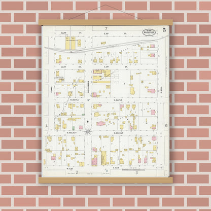 Old map wall art mockup — magnetic wood frame on brick wall — Sanborn Fire Insurance Map from Nashville, Washington County, Illinois (1899), Sheet #0005