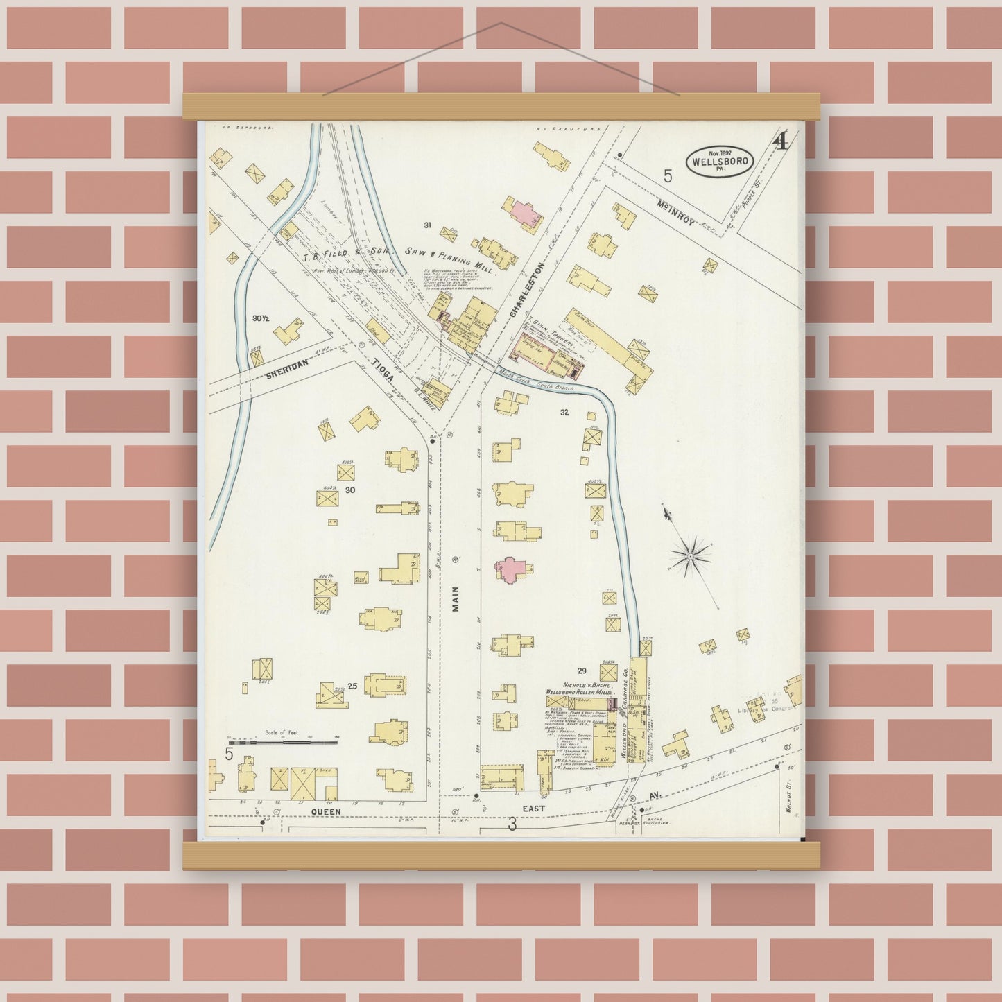 Old map wall art mockup — magnetic wood frame on brick wall — Sanborn Fire Insurance Map from Wellsboro, Tioga County, Pennsylvania (1897), Sheet #0004