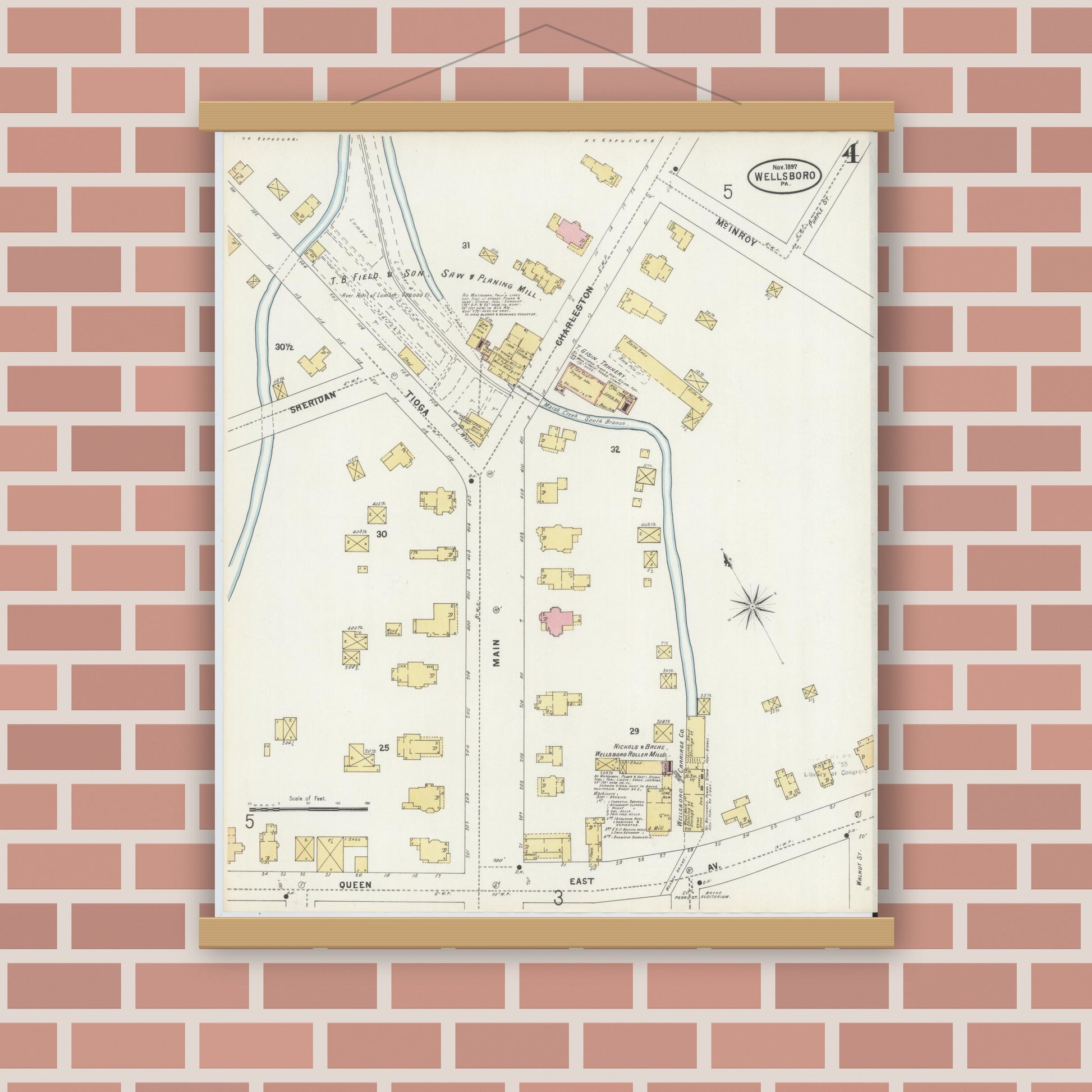 Old map wall art mockup — magnetic wood frame on brick wall — Sanborn Fire Insurance Map from Wellsboro, Tioga County, Pennsylvania (1897), Sheet #0004