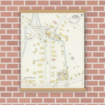 Old map wall art mockup — magnetic wood frame on brick wall — Sanborn Fire Insurance Map from Wellsboro, Tioga County, Pennsylvania (1897), Sheet #0004