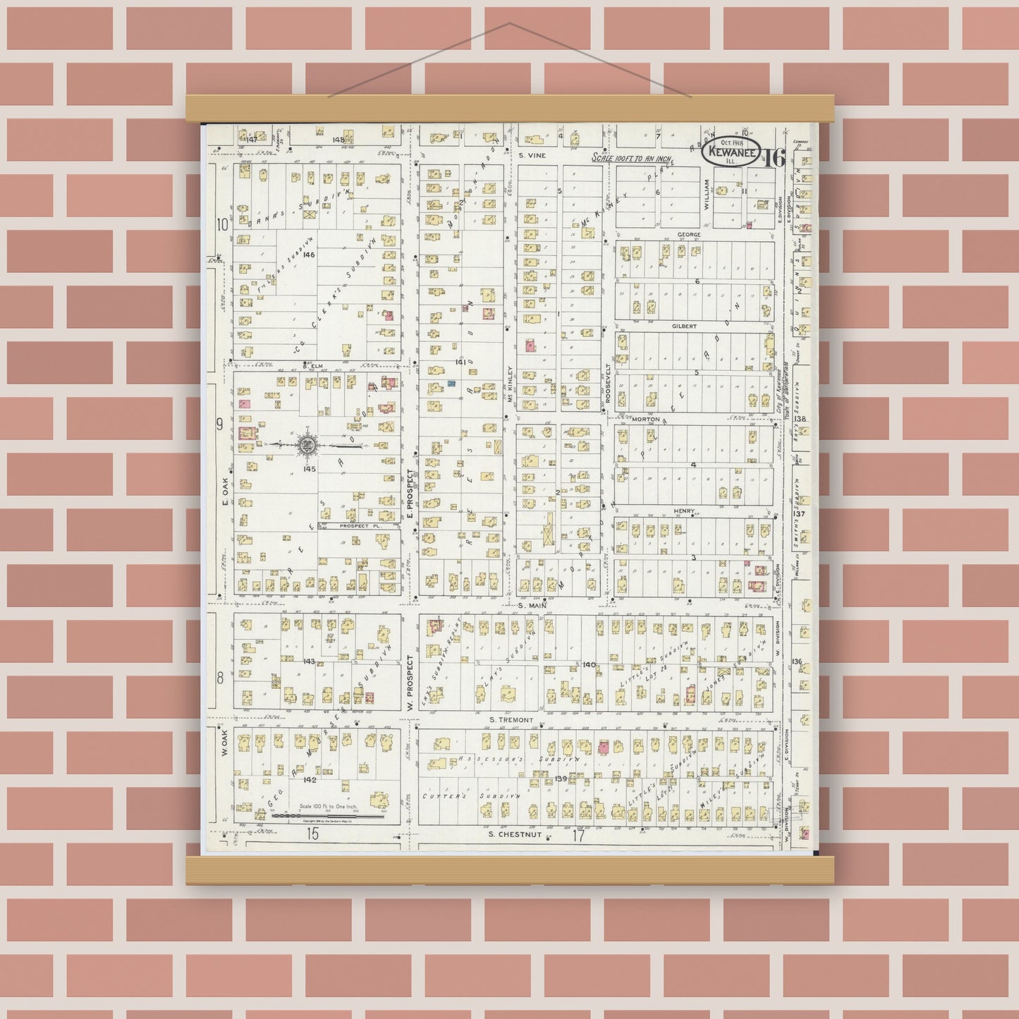 Old map wall art mockup — magnetic wood frame on brick wall — Sanborn Fire Insurance Map from Kewanee, Henry County, Illinois (1918), Sheet #0016