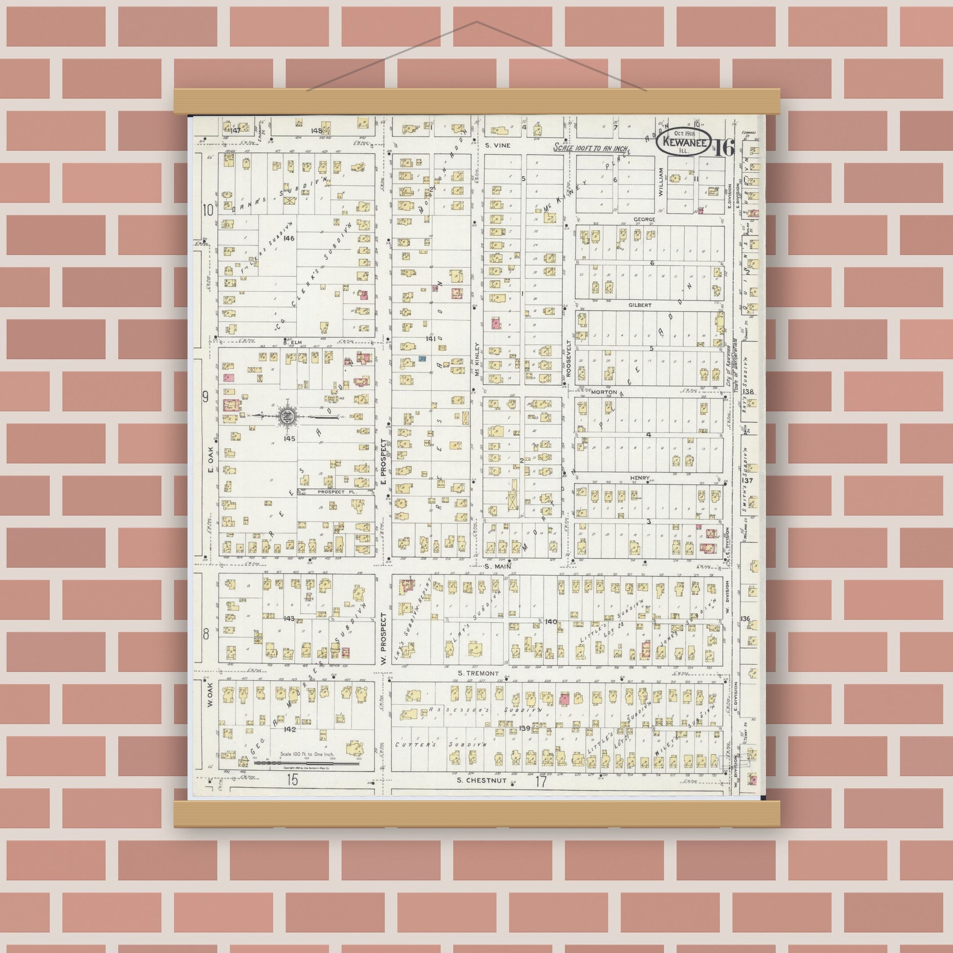 Old map wall art mockup — magnetic wood frame on brick wall — Sanborn Fire Insurance Map from Kewanee, Henry County, Illinois (1918), Sheet #0016