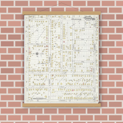 Old map wall art mockup — magnetic wood frame on brick wall — Sanborn Fire Insurance Map from Kewanee, Henry County, Illinois (1918), Sheet #0016