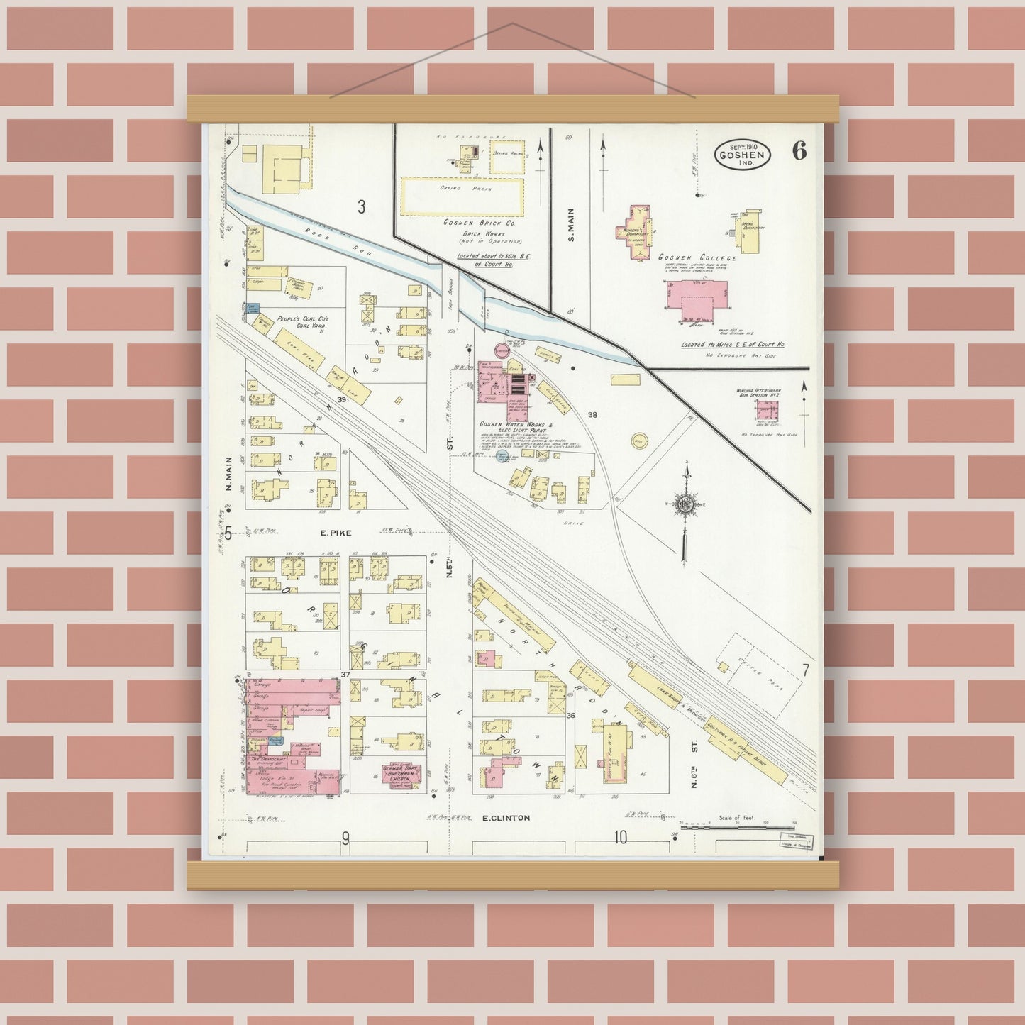 Old map wall art mockup — magnetic wood frame on brick wall — Sanborn Fire Insurance Map from Goshen, Elkhart County, Indiana (1910), Sheet #0006