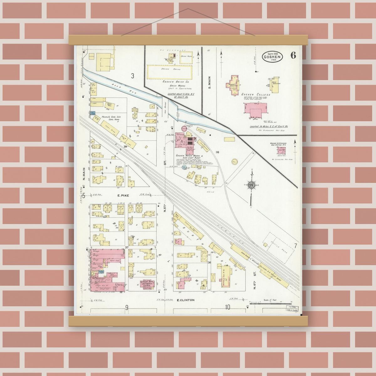 Old map wall art mockup — magnetic wood frame on brick wall — Sanborn Fire Insurance Map from Goshen, Elkhart County, Indiana (1910), Sheet #0006