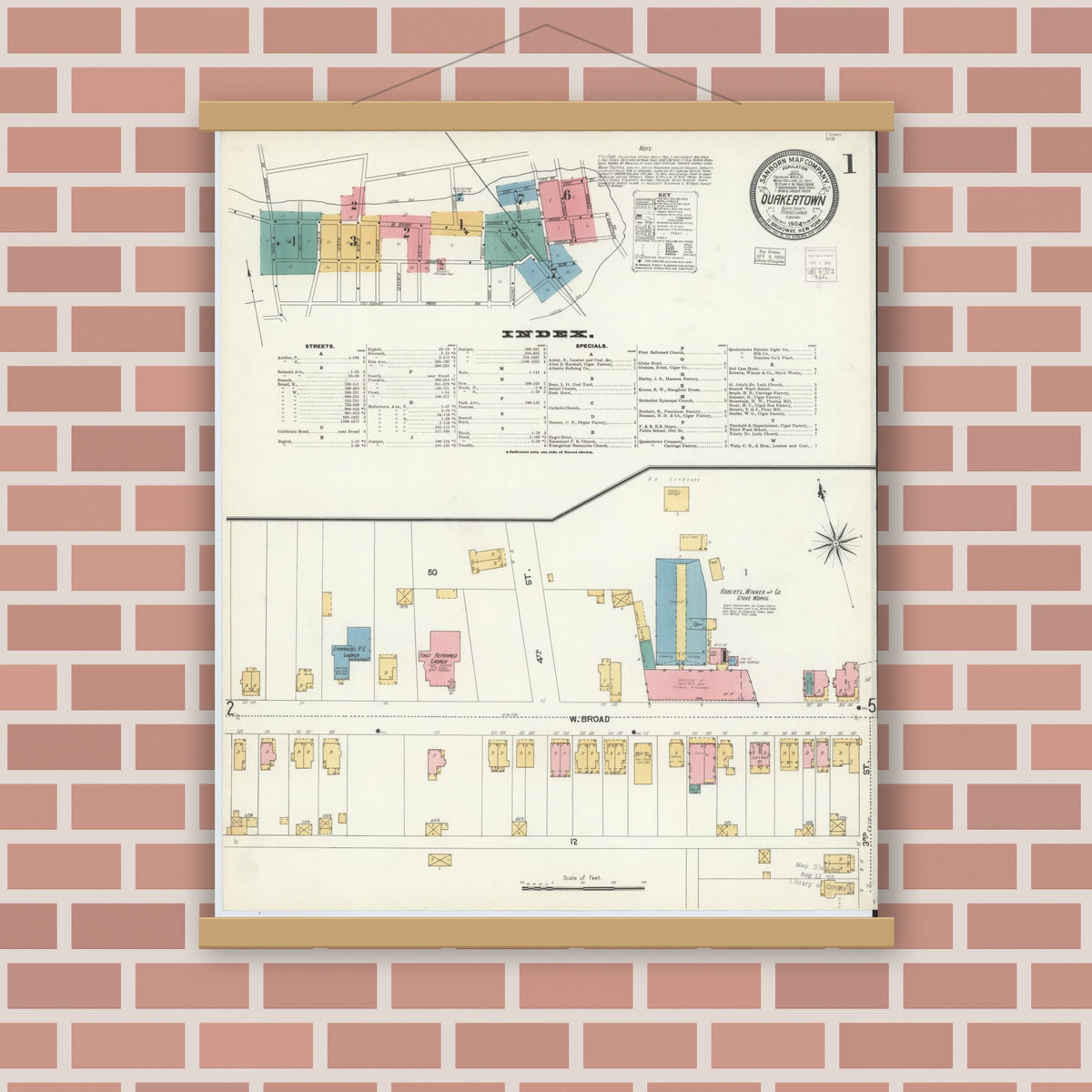Old map wall art mockup — magnetic wood frame on brick wall — Sanborn Fire Insurance Map from Quakertown, Bucks County, Pennsylvania (1904) - Complete Map Set