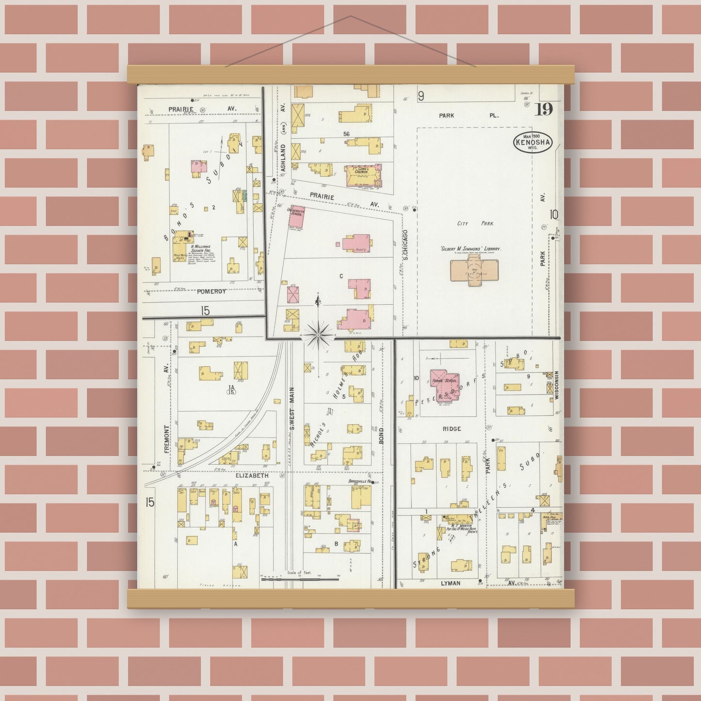 Old map wall art mockup — magnetic wood frame on brick wall — Sanborn Fire Insurance Map from Kenosha, Kenosha County, Wisconsin (1900), Sheet #0019