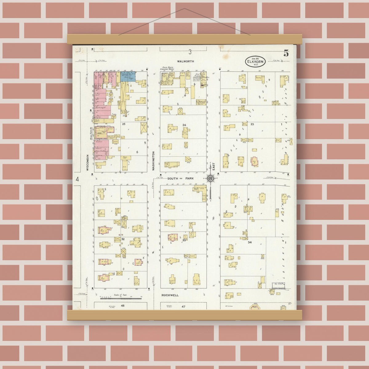 Old map wall art mockup — magnetic wood frame on brick wall — Sanborn Fire Insurance Map from Elkhorn, Walworth County, Wisconsin (1911), Sheet #0005
