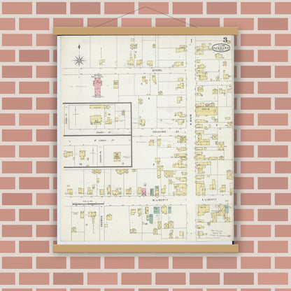 Old map wall art mockup — magnetic wood frame on brick wall — Sanborn Fire Insurance Map from Hubbard, Trumbull County, Ohio (1896), Sheet #0003