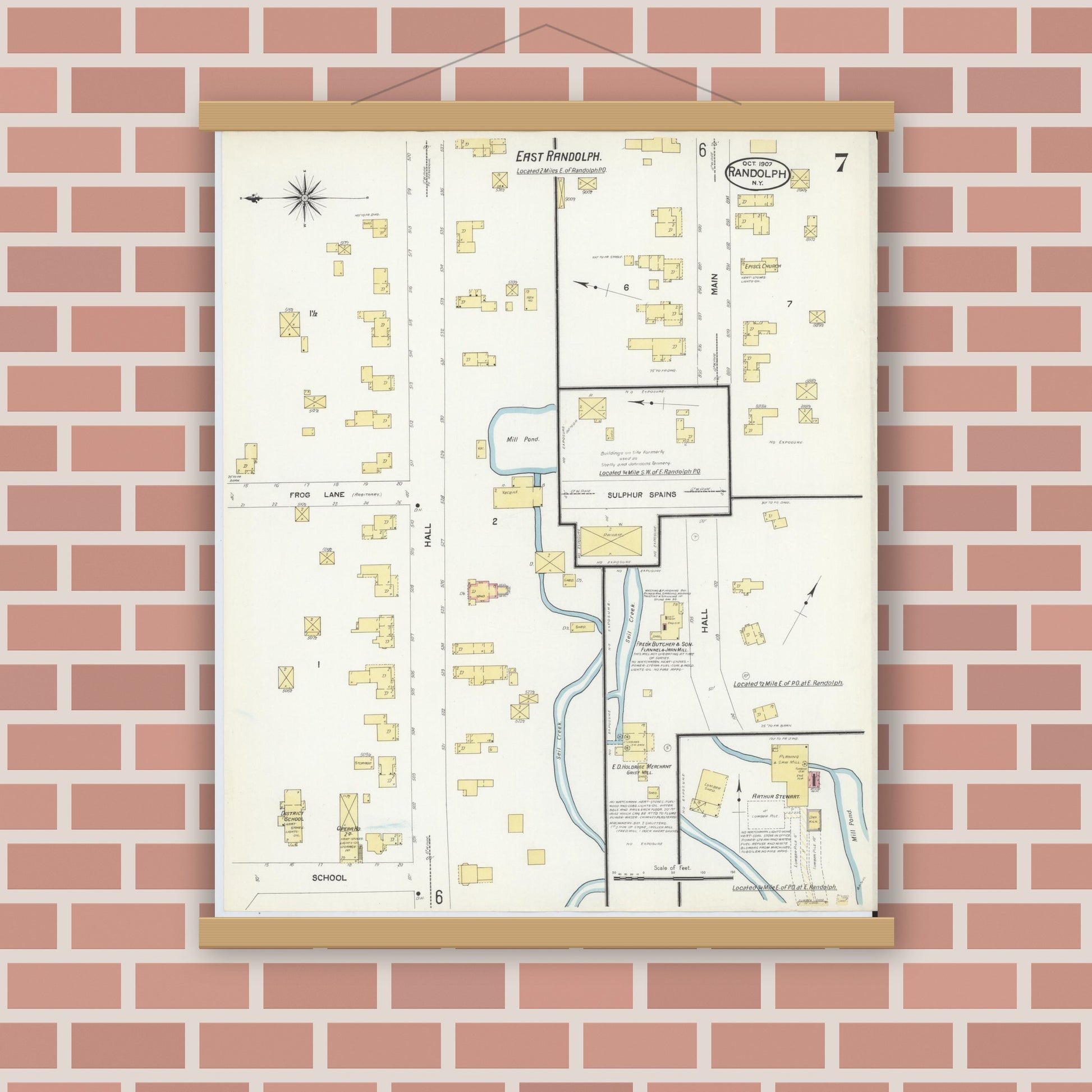 Old map wall art mockup — magnetic wood frame on brick wall — Sanborn Fire Insurance Map from Randolph, Cattaraugus County, New York (1907), Sheet #0007