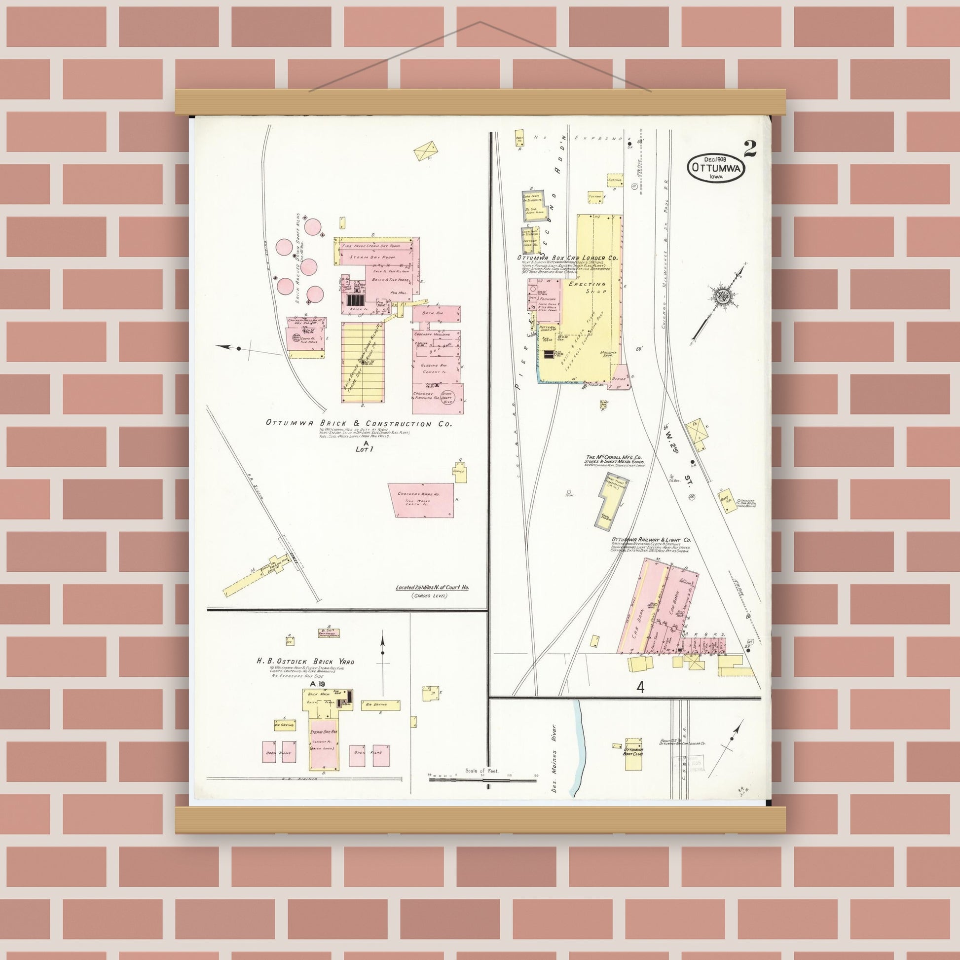 Old map wall art mockup — magnetic wood frame on brick wall — Sanborn Fire Insurance Map from Ottumwa, Wapello County, Iowa (1909), Sheet #0002