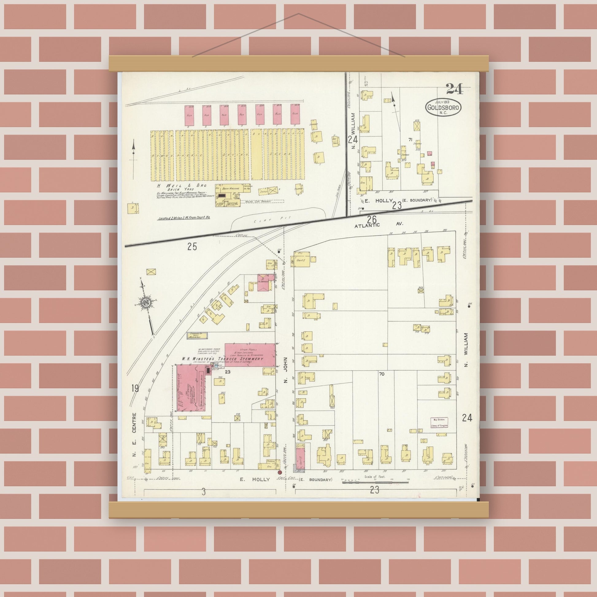 Old map wall art mockup — magnetic wood frame on brick wall — Sanborn Fire Insurance Map from Goldsboro, Wayne County, North Carolina (1913), Sheet #0024