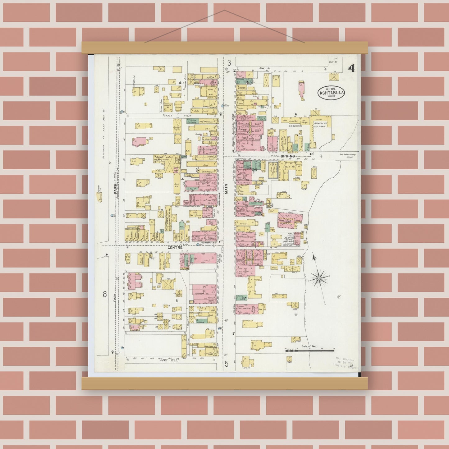 Old map wall art mockup — magnetic wood frame on brick wall — Sanborn Fire Insurance Map from Ashtabula, Ashtabula County, Ohio (1898), Sheet #0004